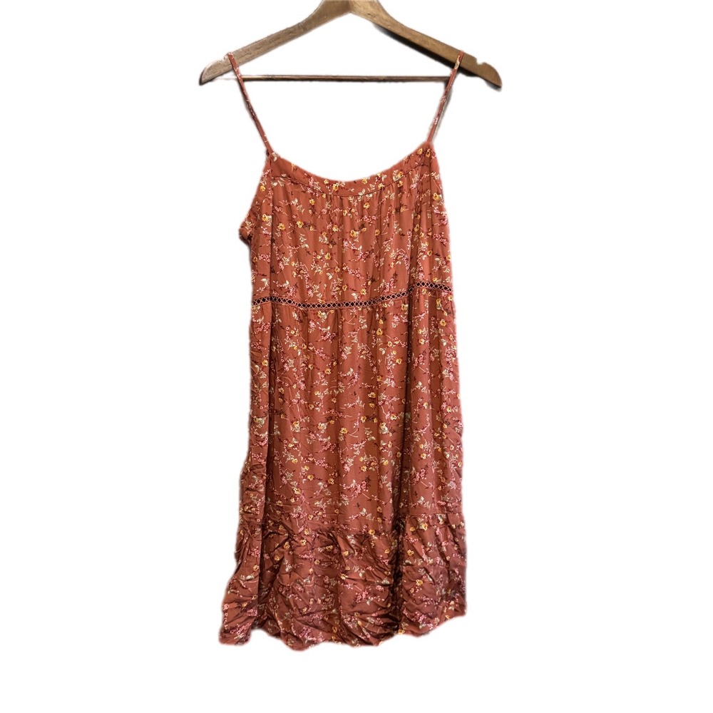 Pink Rose Floral Mini Dress Womens Large Rust Orange Excellent Crochet Lace Trim